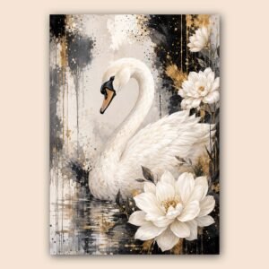 Affiche murale avec cygne blanc, fleurs blanches et touches dorées