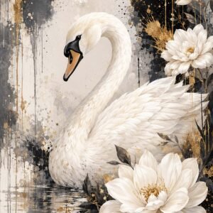 Cygne blanc entouré de fleurs blanches sur fond artistique noir et doré