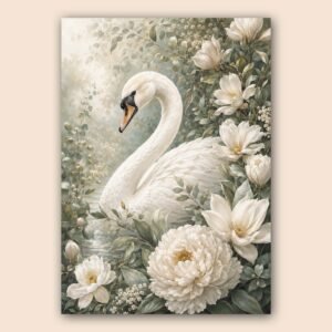 Cygne blanc entouré de fleurs et de feuillage