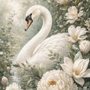 Affiche d’un cygne blanc entouré de fleurs blanches et de feuillage doux