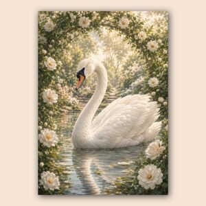 Affiche décorative d’un cygne blanc dans un décor fleuri