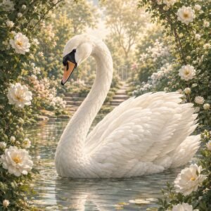 Cygne blanc paisible dans un jardin fleuri au bord de l’eau