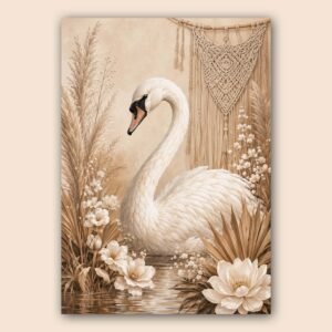 Affiche cygne blanc décor bohème floral beige