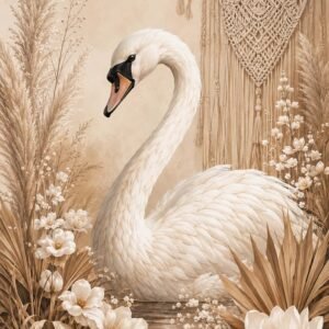 Cygne blanc dans un décor bohème floral beige