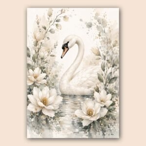 Cygne blanc entouré de fleurs blanches en illustration aquarelle