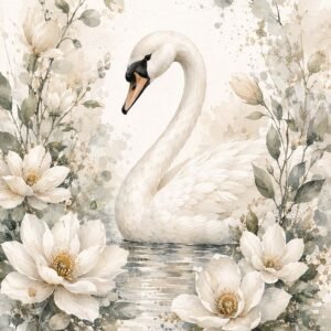 Affiche aquarelle d’un cygne blanc entouré de fleurs blanches