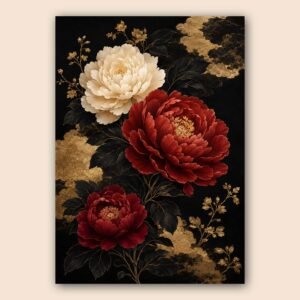 Illustration florale décorative avec fleurs rouges, ivoire et dorures sur fond noir