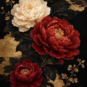 Affiche florale élégante avec grandes fleurs rouges et ivoire sur fond noir et doré