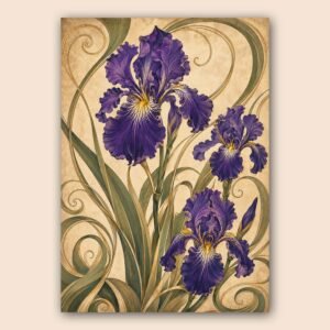 Illustration florale d’iris violets avec feuillage vert sur fond beige