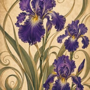 Affiche botanique représentant des iris violets sur fond beige décoratif