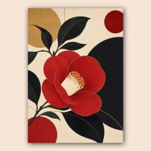 Affiche fleur rouge stylisee avec feuilles noires et fond beige