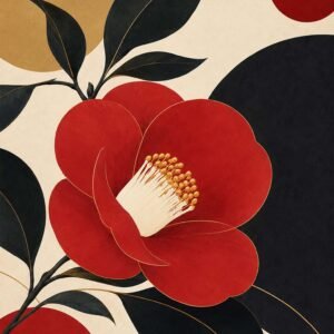 Affiche murale A3 avec fleur rouge stylisee et feuilles noires sur fond beige
