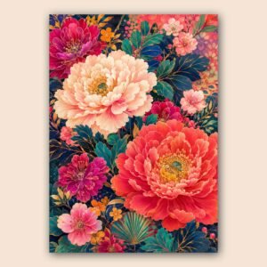 Grande affiche florale colorée avec fleurs roses, corail et vert émeraude