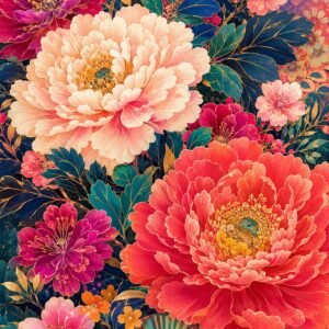 Affiche florale avec grandes fleurs roses, corail et fuchsia sur fond sombre
