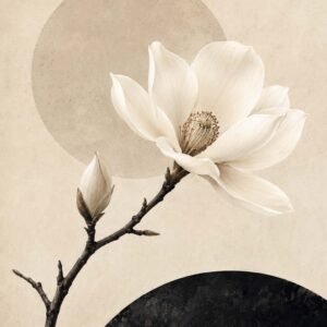 Affiche botanique avec fleur de magnolia blanche sur fond beige et noir