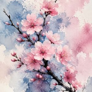 Affiche aquarelle de fleurs de cerisier roses sur fond pastel bleu et rose
