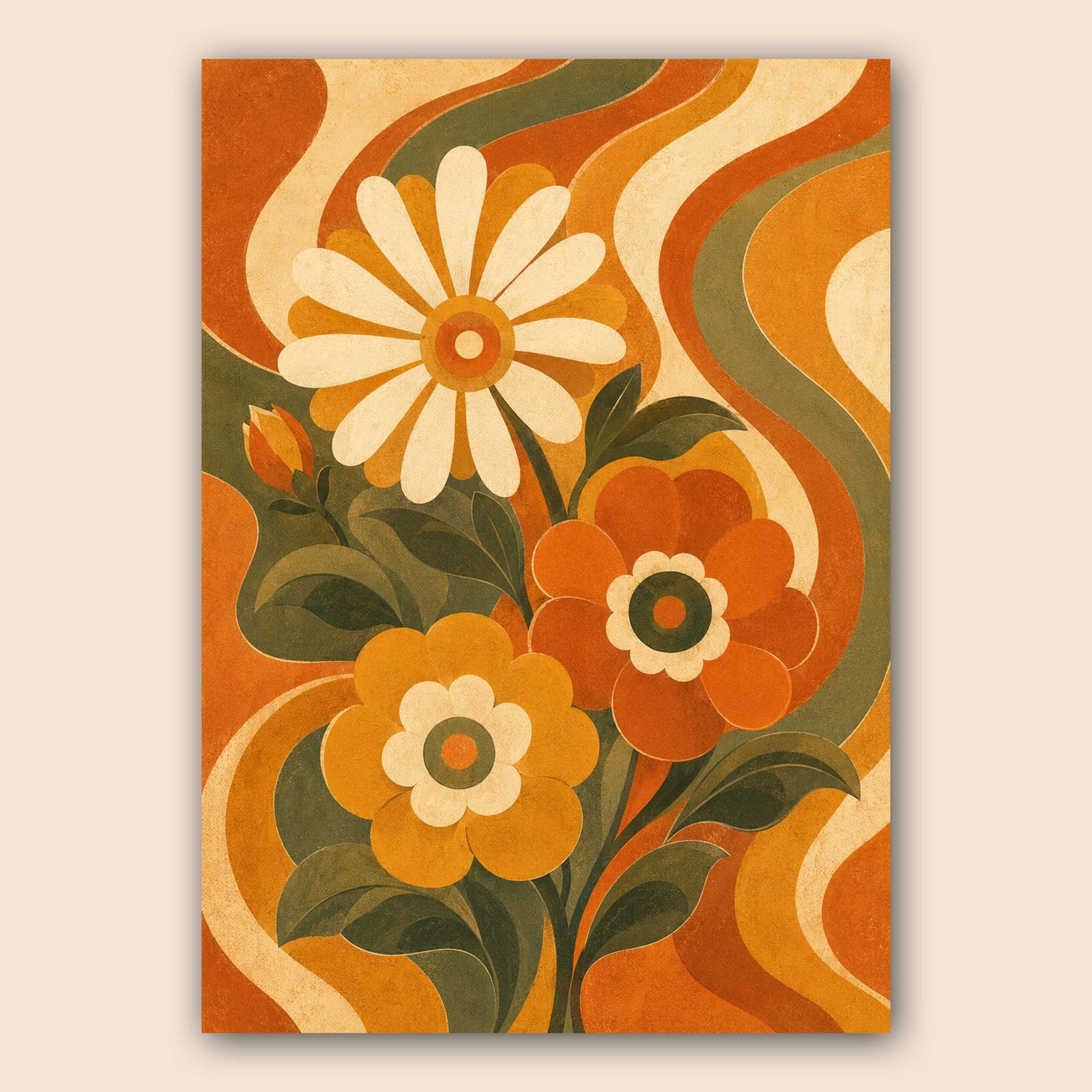 Affiche decorative de fleurs retro aux tons orange et vert olive
