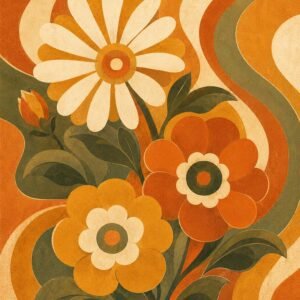Affiche florale retro avec fleurs stylisees orange, ocre et vert olive