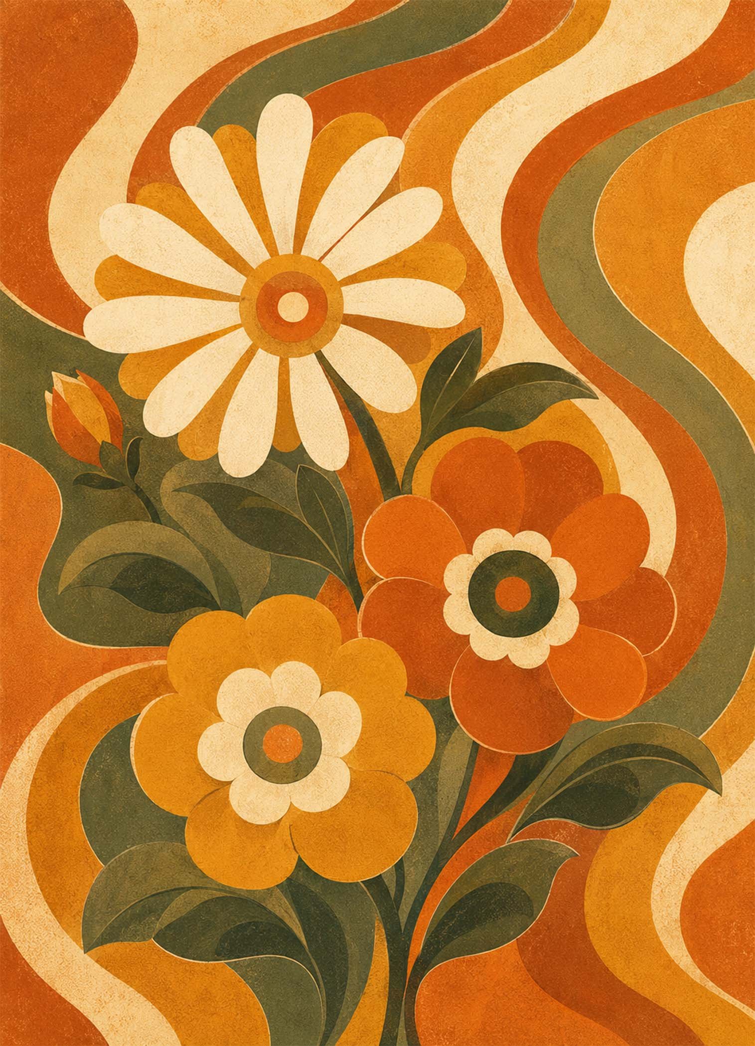 Affiche représentant une composition autour de fleurs retro orange