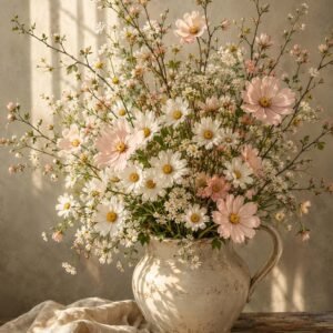 Bouquet de fleurs champêtres dans une cruche en céramique