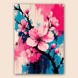 Affiche florale abstraite rose et bleu pour décoration murale