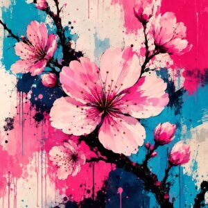 Affiche florale abstraite avec fleurs roses sur fond bleu et rose