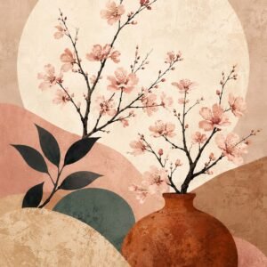 Affiche botanique avec branches de fleurs de cerisier dans un vase terracotta
