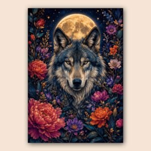 Illustration d’un loup entouré de fleurs dans une ambiance nocturne
