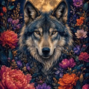 Loup majestueux entouré de fleurs sous une lune pleine