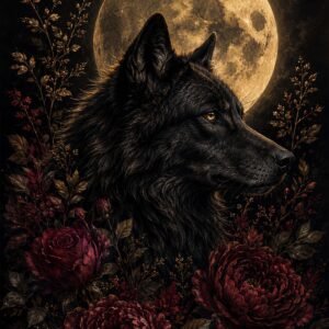 Loup noir devant une pleine lune entouré de fleurs sombres