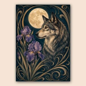 Illustration d'un loup sous la lune avec fleurs violettes et détails dorés