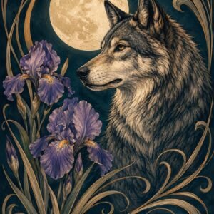 Affiche décorative représentant un loup sous une grande lune avec des iris violets et des ornements dorés