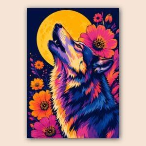 Loup coloré avec fleurs et lune sur fond bleu nuit