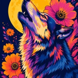 Loup stylisé hurlant sous une lune dorée, entouré de fleurs colorées