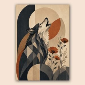 Illustration décorative d’un loup stylisé avec fleurs orange et formes géométriques