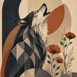 Loup stylisé avec fleurs graphiques et formes géométriques sur fond beige