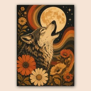 Affiche loup hurlant sous la lune avec fleurs décoratives