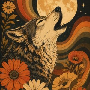 Loup hurlant sous la lune entouré de fleurs rétro