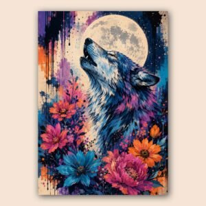 Affiche loup stylisé sous la lune avec fleurs colorées