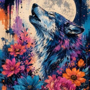 Loup stylisé hurlant sous la lune entouré de fleurs colorées