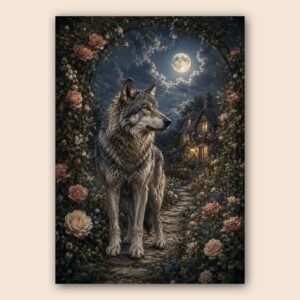Loup dans un jardin fleuri de nuit