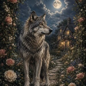 Loup majestueux dans un jardin fleuri sous la lune