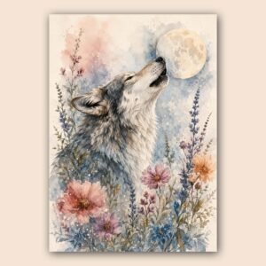 Illustration d’un loup dans un décor floral et lunaire