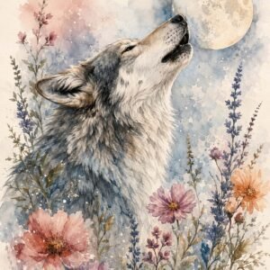 Loup aquarelle entouré de fleurs avec une lune douce