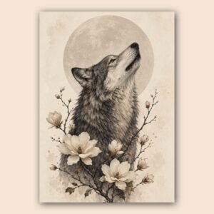 Illustration d’un loup avec fleurs blanches