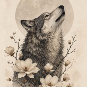 Loup entouré de fleurs blanches sur fond beige