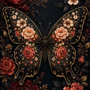 Papillon décoratif doré entouré de fleurs sur fond noir