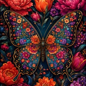 Papillon décoratif entouré de fleurs colorées sur fond bleu nuit