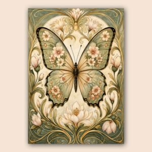 Affiche murale avec papillon fleuri et ornements floraux élégants