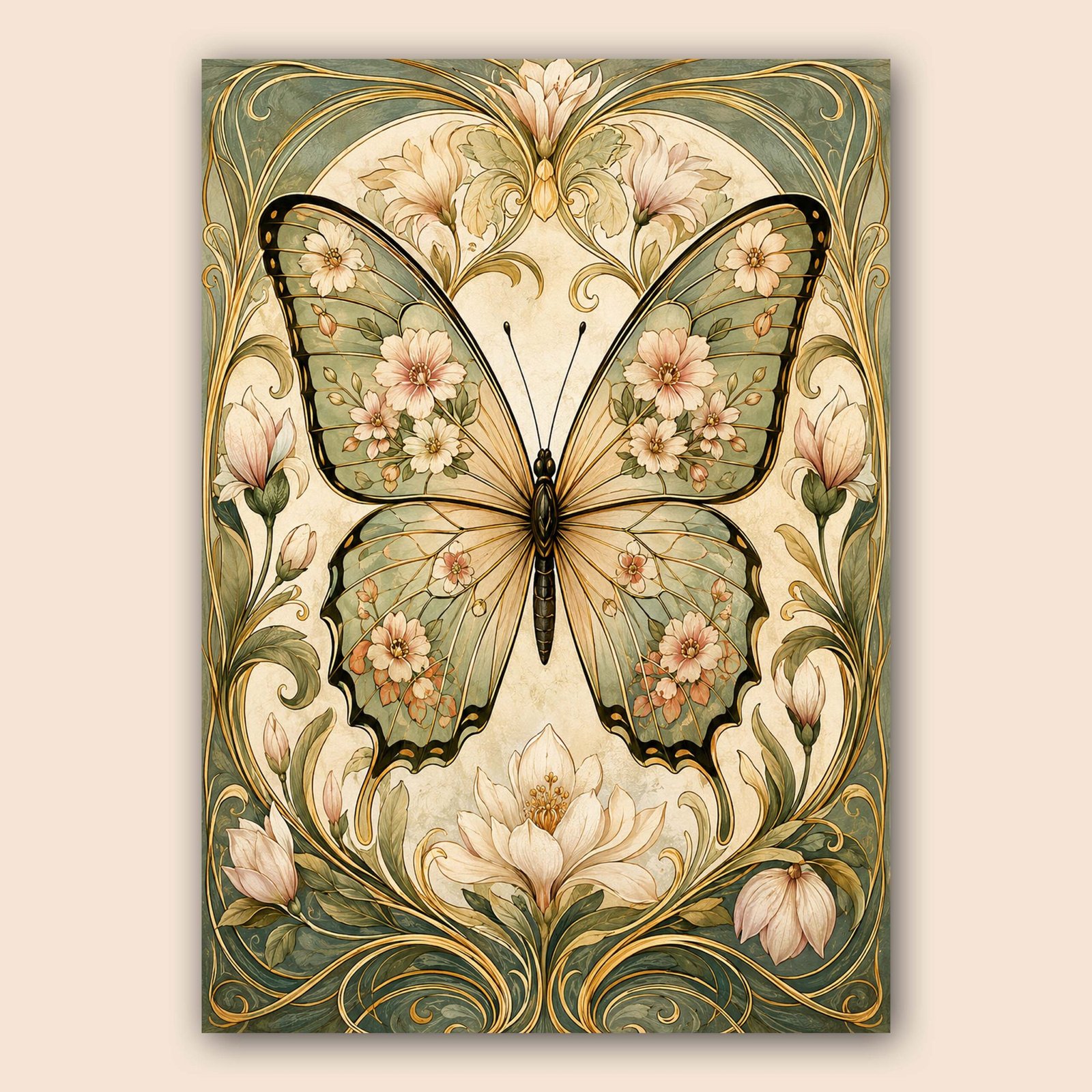 Affiche murale avec papillon fleuri et ornements floraux élégants